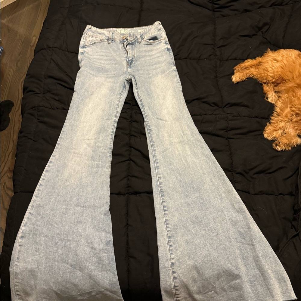 Light blue high-waisted flare jeans #flares